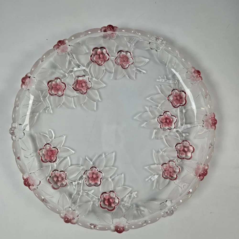 Venezia Collection Platter Fine Crystal 12.5in Pink Clear Floral Embossed Glass